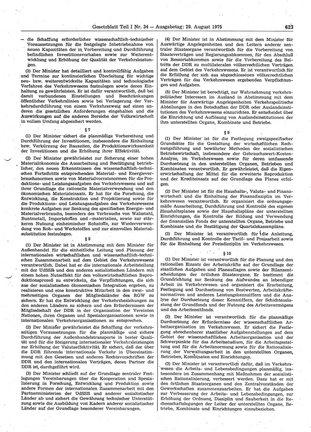 Gesetzblatt (GBl.) der Deutschen Demokratischen Republik (DDR) Teil Ⅰ 1975, Seite 623 (GBl. DDR Ⅰ 1975, S. 623)