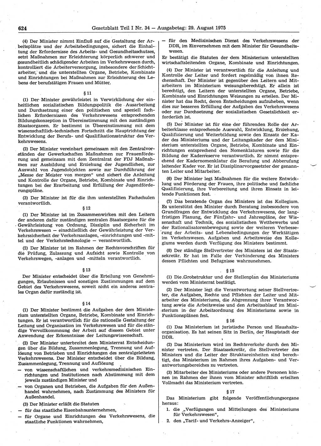Gesetzblatt (GBl.) der Deutschen Demokratischen Republik (DDR) Teil Ⅰ 1975, Seite 624 (GBl. DDR Ⅰ 1975, S. 624)