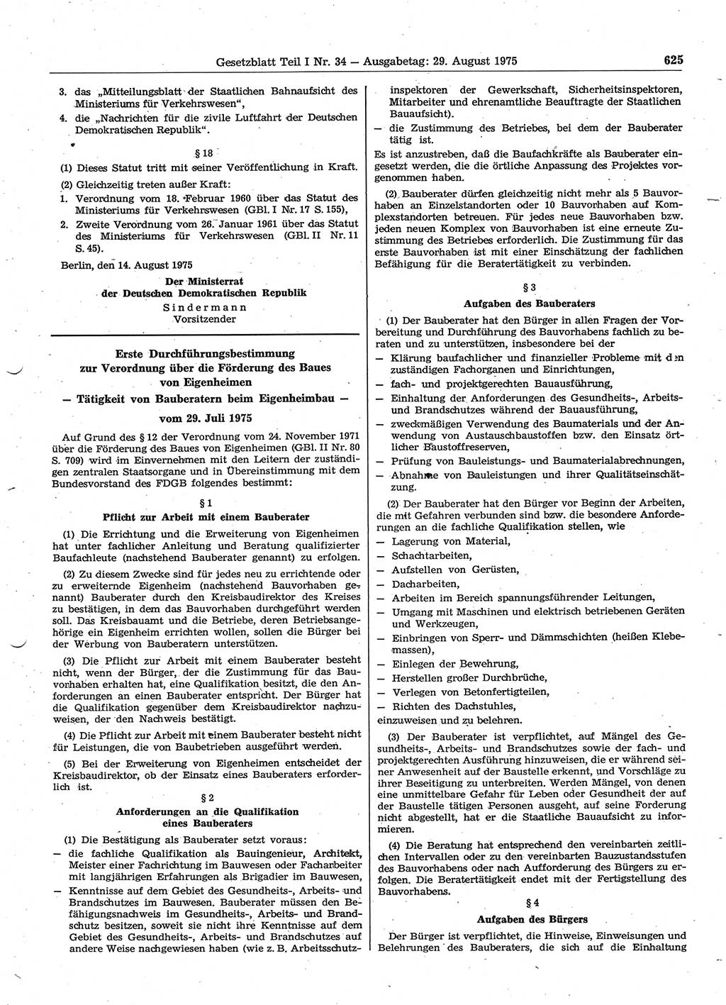 Gesetzblatt (GBl.) der Deutschen Demokratischen Republik (DDR) Teil Ⅰ 1975, Seite 625 (GBl. DDR Ⅰ 1975, S. 625)