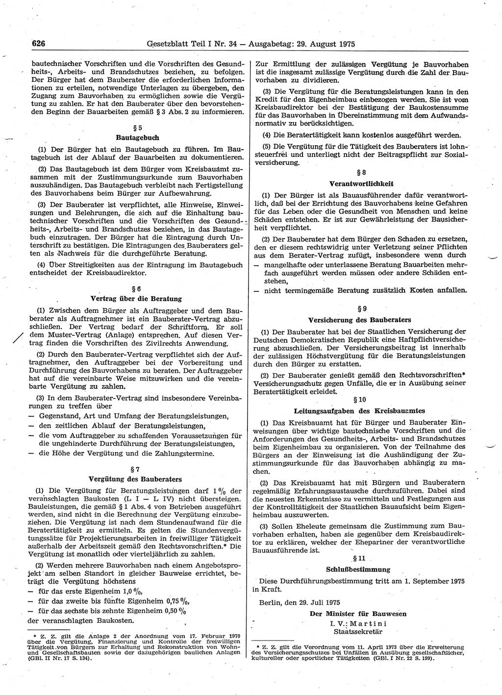 Gesetzblatt (GBl.) der Deutschen Demokratischen Republik (DDR) Teil Ⅰ 1975, Seite 626 (GBl. DDR Ⅰ 1975, S. 626)