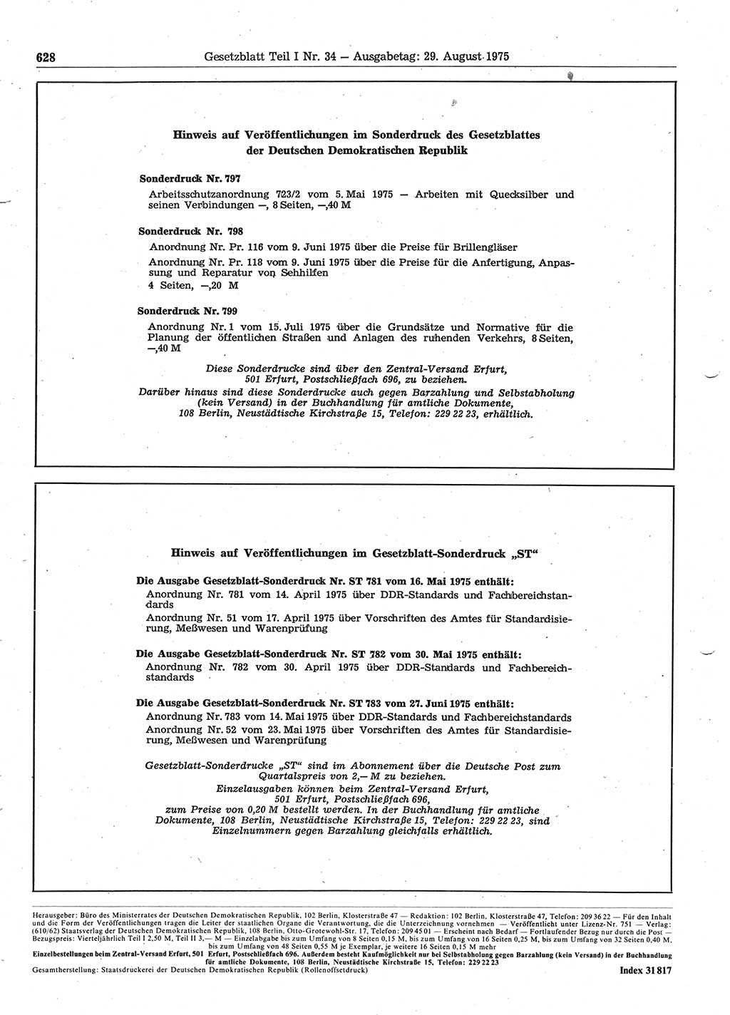 Gesetzblatt (GBl.) der Deutschen Demokratischen Republik (DDR) Teil Ⅰ 1975, Seite 628 (GBl. DDR Ⅰ 1975, S. 628)