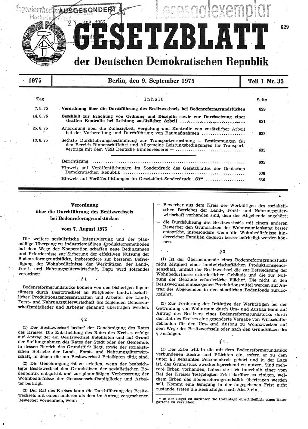 Gesetzblatt (GBl.) der Deutschen Demokratischen Republik (DDR) Teil Ⅰ 1975, Seite 629 (GBl. DDR Ⅰ 1975, S. 629)