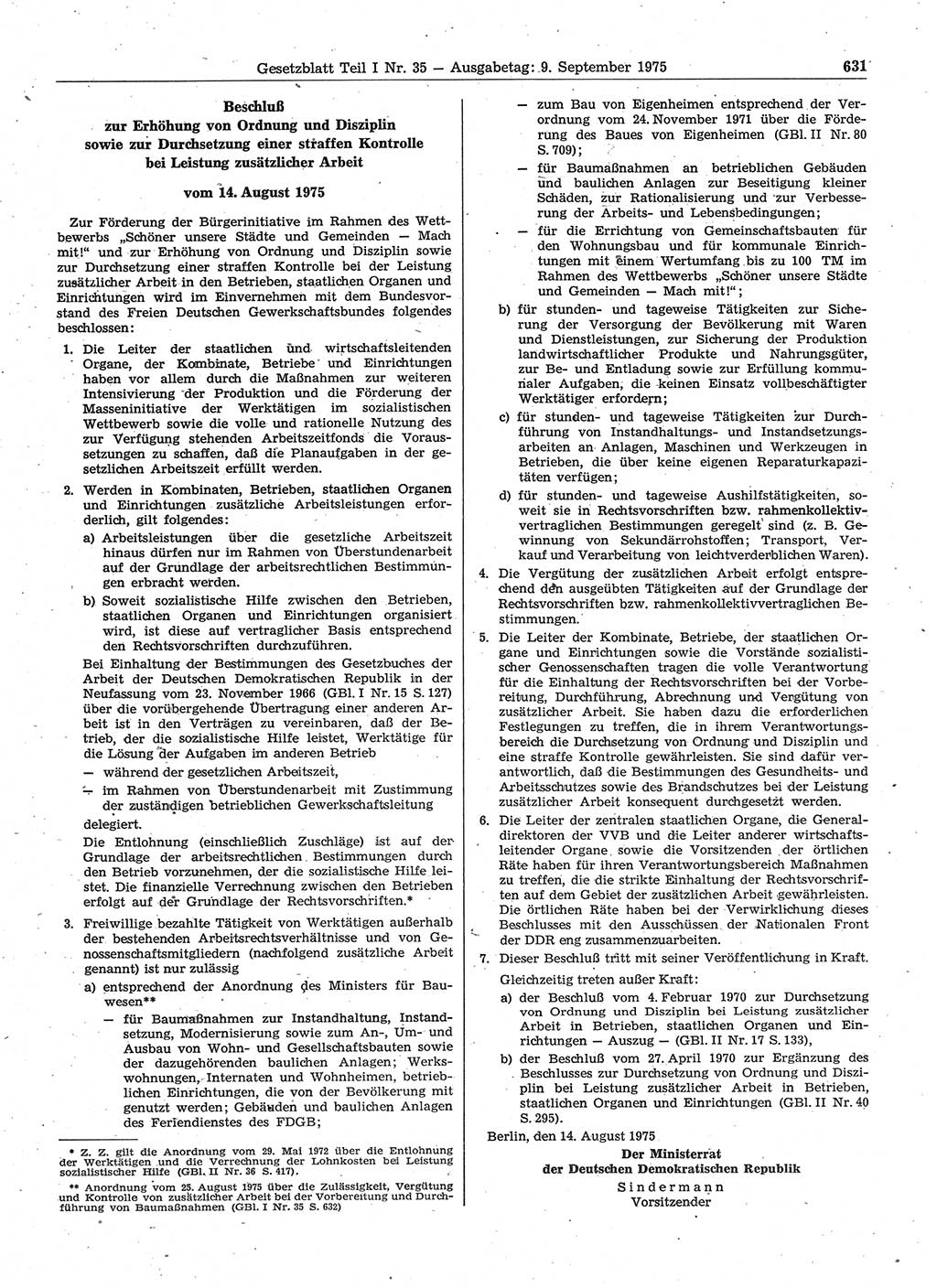 Gesetzblatt (GBl.) der Deutschen Demokratischen Republik (DDR) Teil Ⅰ 1975, Seite 631 (GBl. DDR Ⅰ 1975, S. 631)