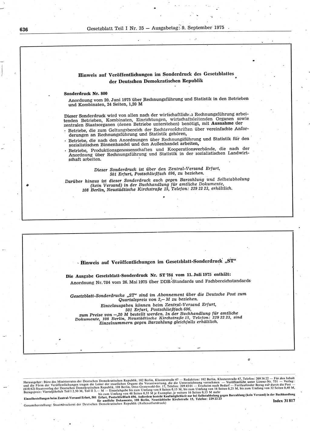 Gesetzblatt (GBl.) der Deutschen Demokratischen Republik (DDR) Teil Ⅰ 1975, Seite 636 (GBl. DDR Ⅰ 1975, S. 636)