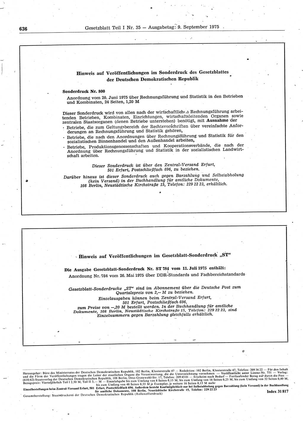 Gesetzblatt (GBl.) der Deutschen Demokratischen Republik (DDR) Teil Ⅰ 1975, Seite 636 (GBl. DDR Ⅰ 1975, S. 636)