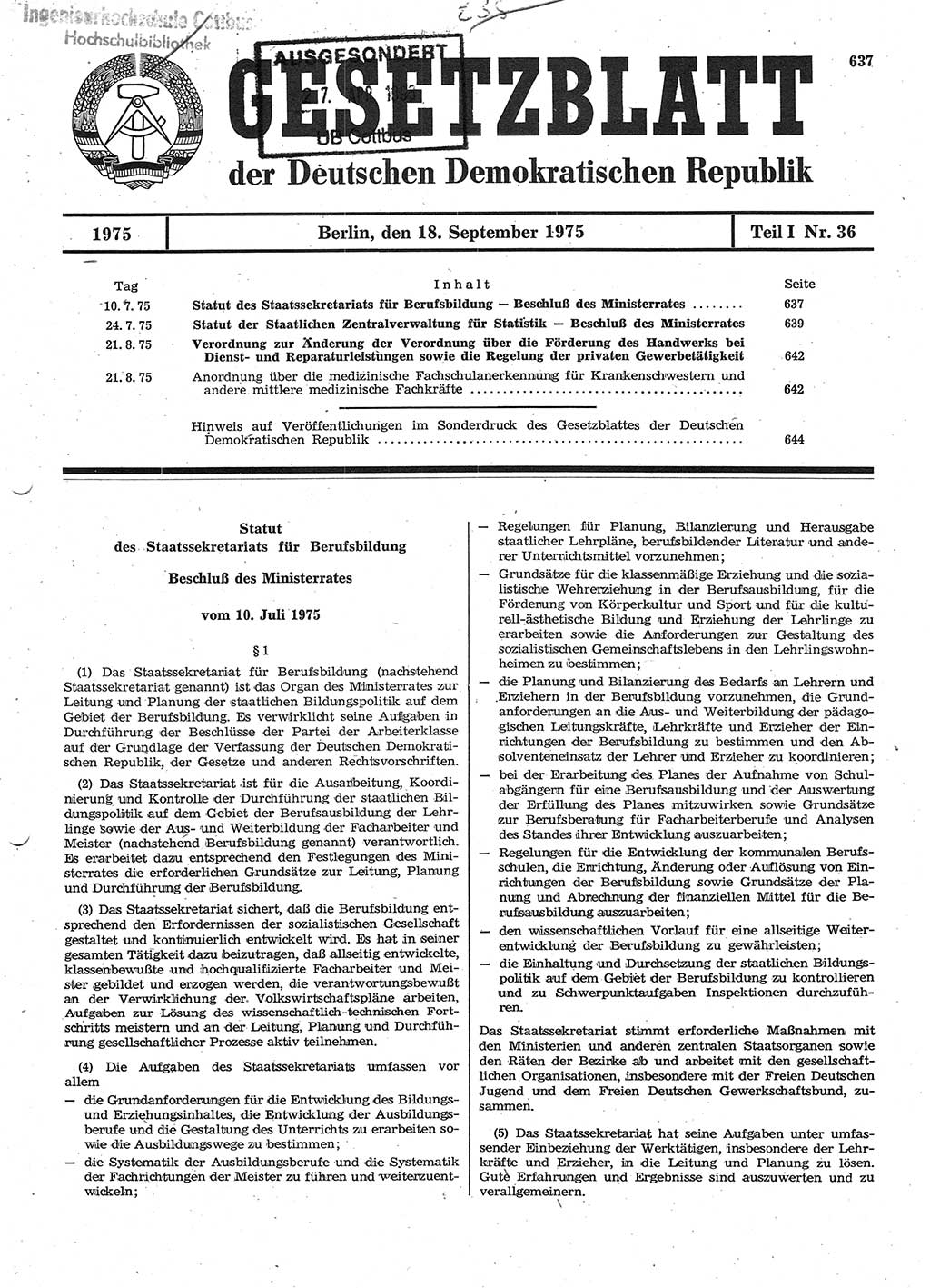 Gesetzblatt (GBl.) der Deutschen Demokratischen Republik (DDR) Teil Ⅰ 1975, Seite 637 (GBl. DDR Ⅰ 1975, S. 637)