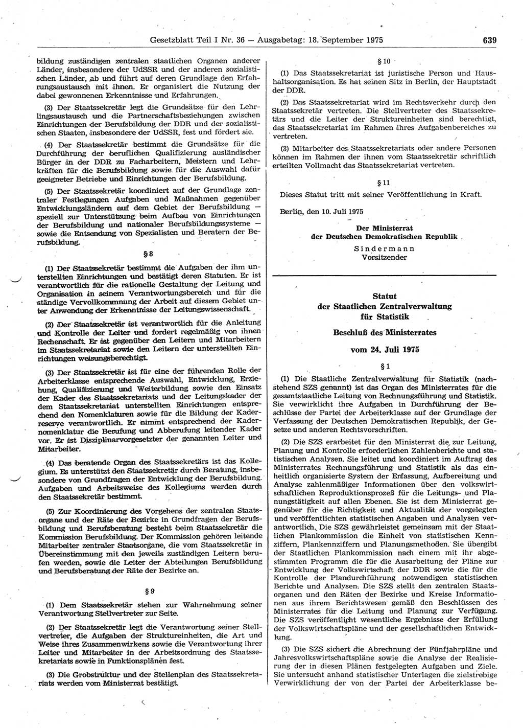 Gesetzblatt (GBl.) der Deutschen Demokratischen Republik (DDR) Teil Ⅰ 1975, Seite 639 (GBl. DDR Ⅰ 1975, S. 639)