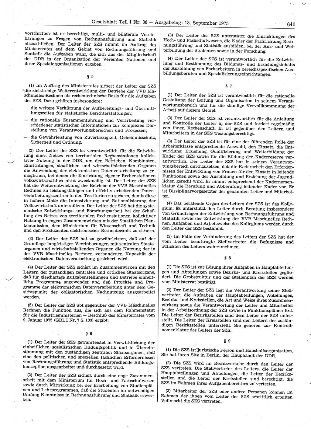 Gesetzblatt (GBl.) der Deutschen Demokratischen Republik (DDR) Teil Ⅰ 1975, Seite 641 (GBl. DDR Ⅰ 1975, S. 641)