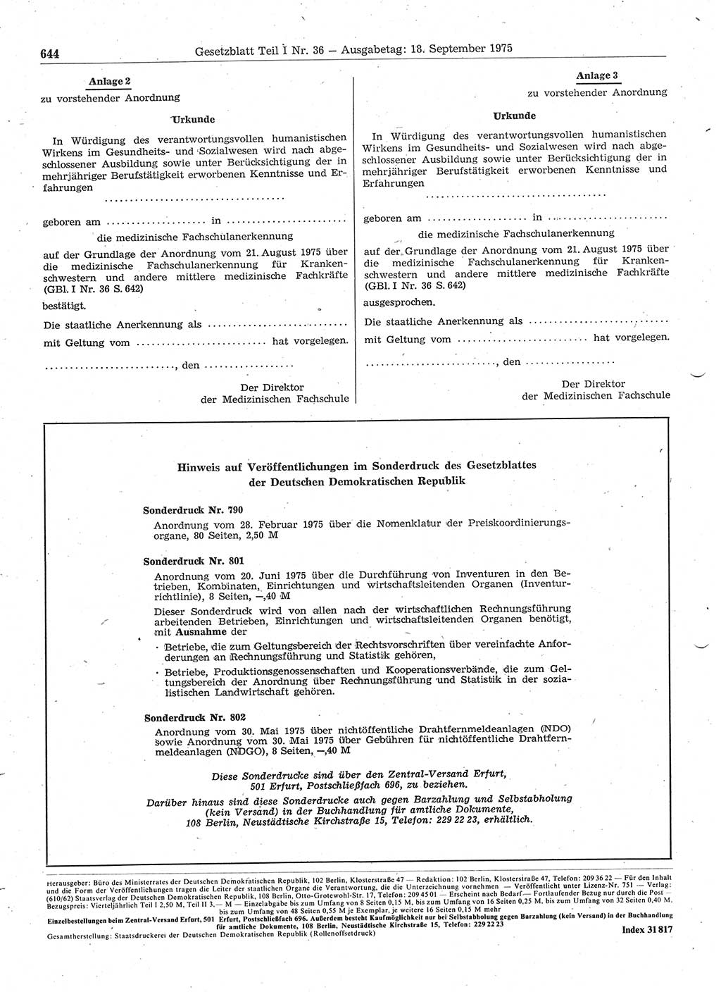 Gesetzblatt (GBl.) der Deutschen Demokratischen Republik (DDR) Teil Ⅰ 1975, Seite 644 (GBl. DDR Ⅰ 1975, S. 644)