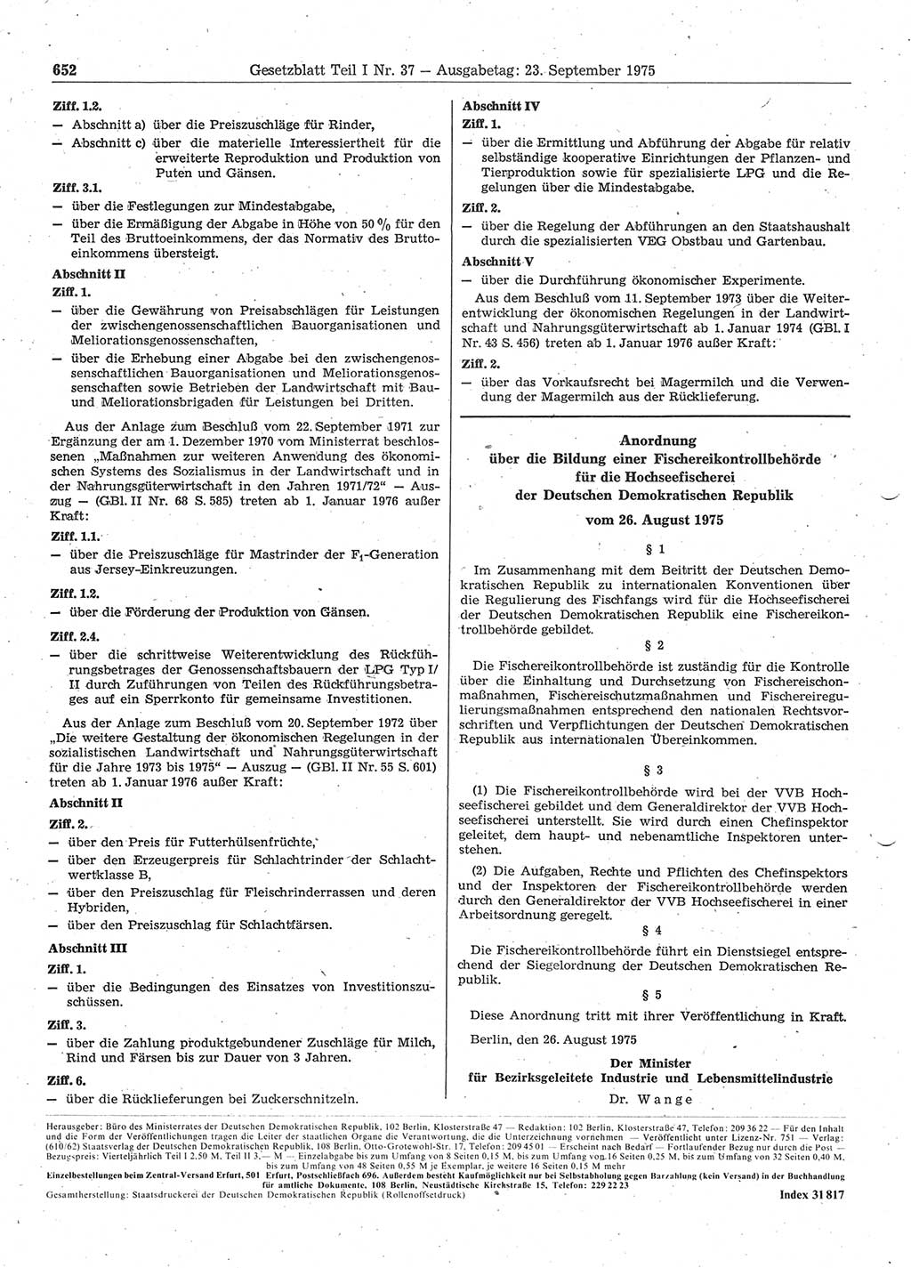 Gesetzblatt (GBl.) der Deutschen Demokratischen Republik (DDR) Teil Ⅰ 1975, Seite 652 (GBl. DDR Ⅰ 1975, S. 652)
