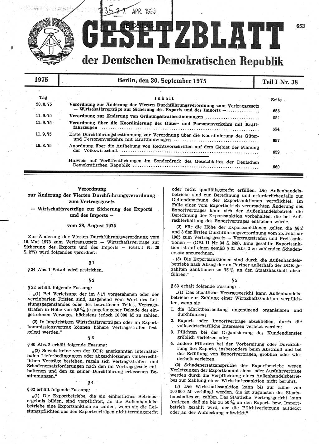 Gesetzblatt (GBl.) der Deutschen Demokratischen Republik (DDR) Teil Ⅰ 1975, Seite 653 (GBl. DDR Ⅰ 1975, S. 653)