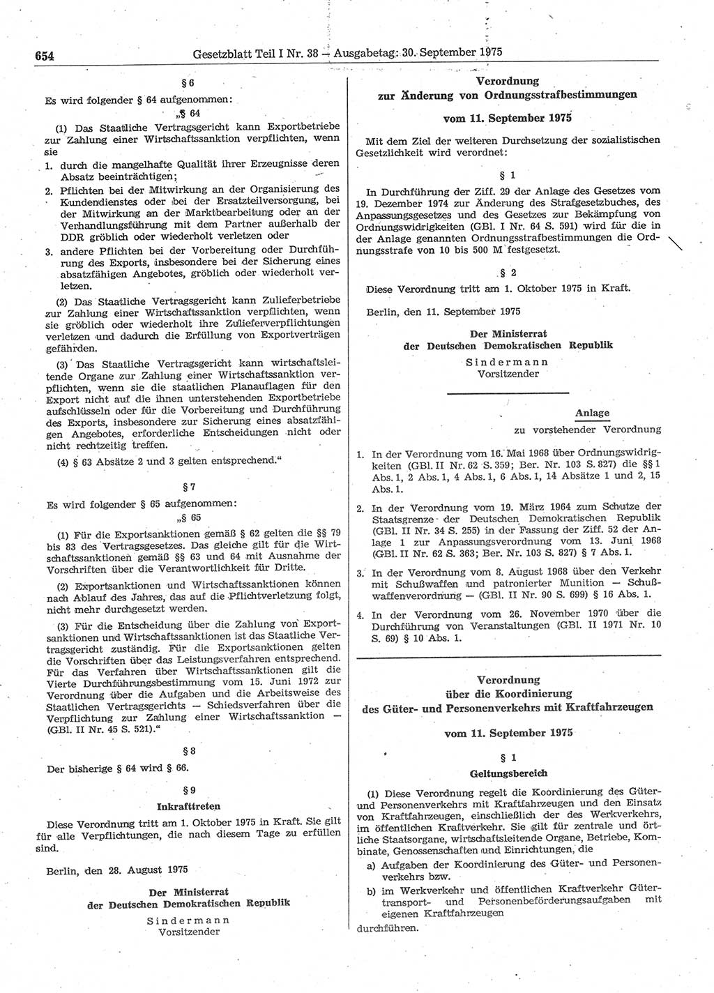 Gesetzblatt (GBl.) der Deutschen Demokratischen Republik (DDR) Teil Ⅰ 1975, Seite 654 (GBl. DDR Ⅰ 1975, S. 654)