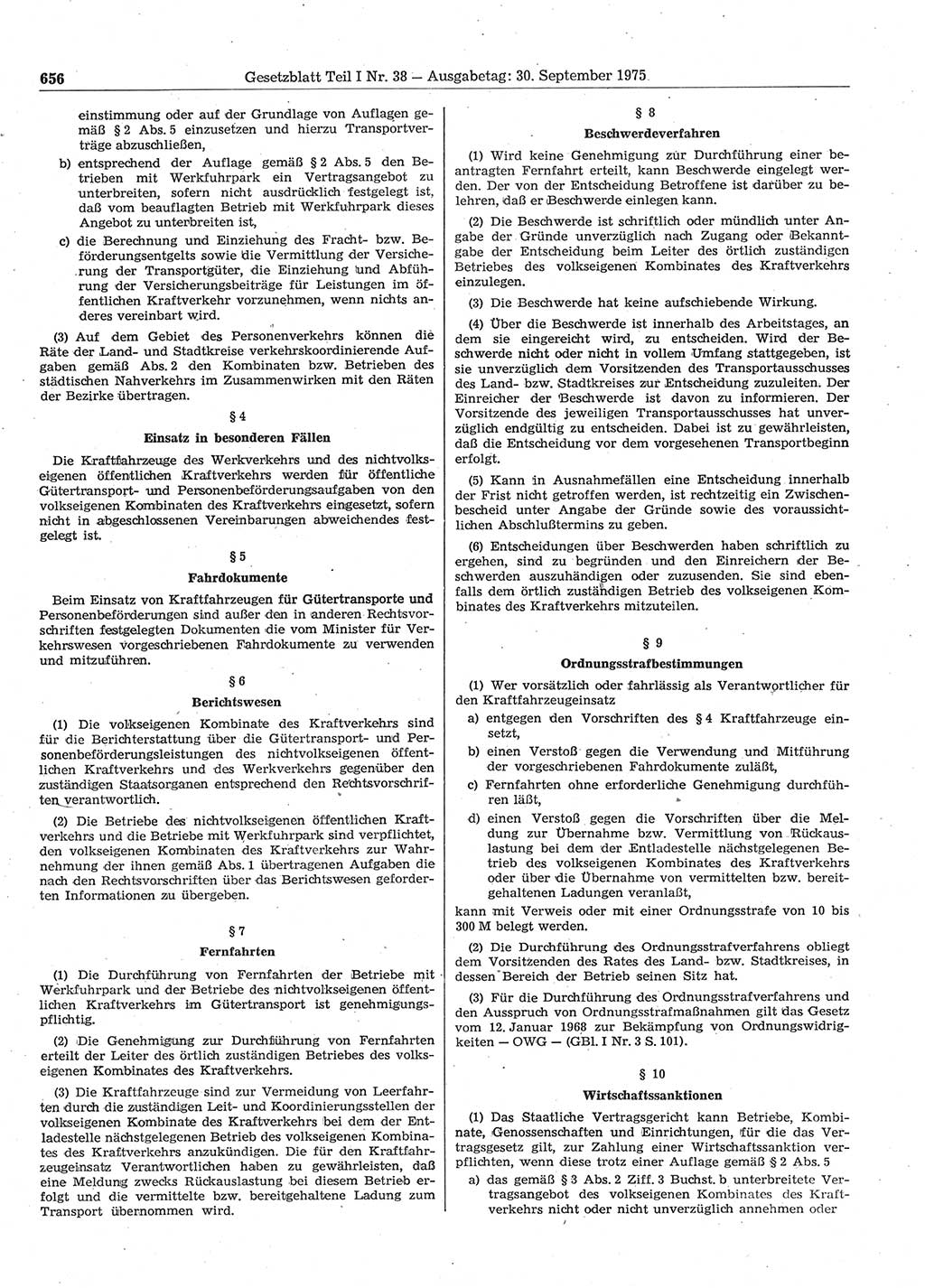 Gesetzblatt (GBl.) der Deutschen Demokratischen Republik (DDR) Teil Ⅰ 1975, Seite 656 (GBl. DDR Ⅰ 1975, S. 656)