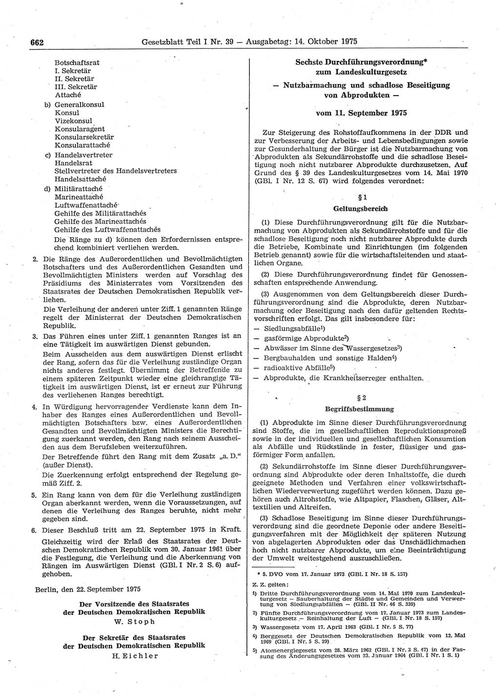 Gesetzblatt (GBl.) der Deutschen Demokratischen Republik (DDR) Teil Ⅰ 1975, Seite 662 (GBl. DDR Ⅰ 1975, S. 662)