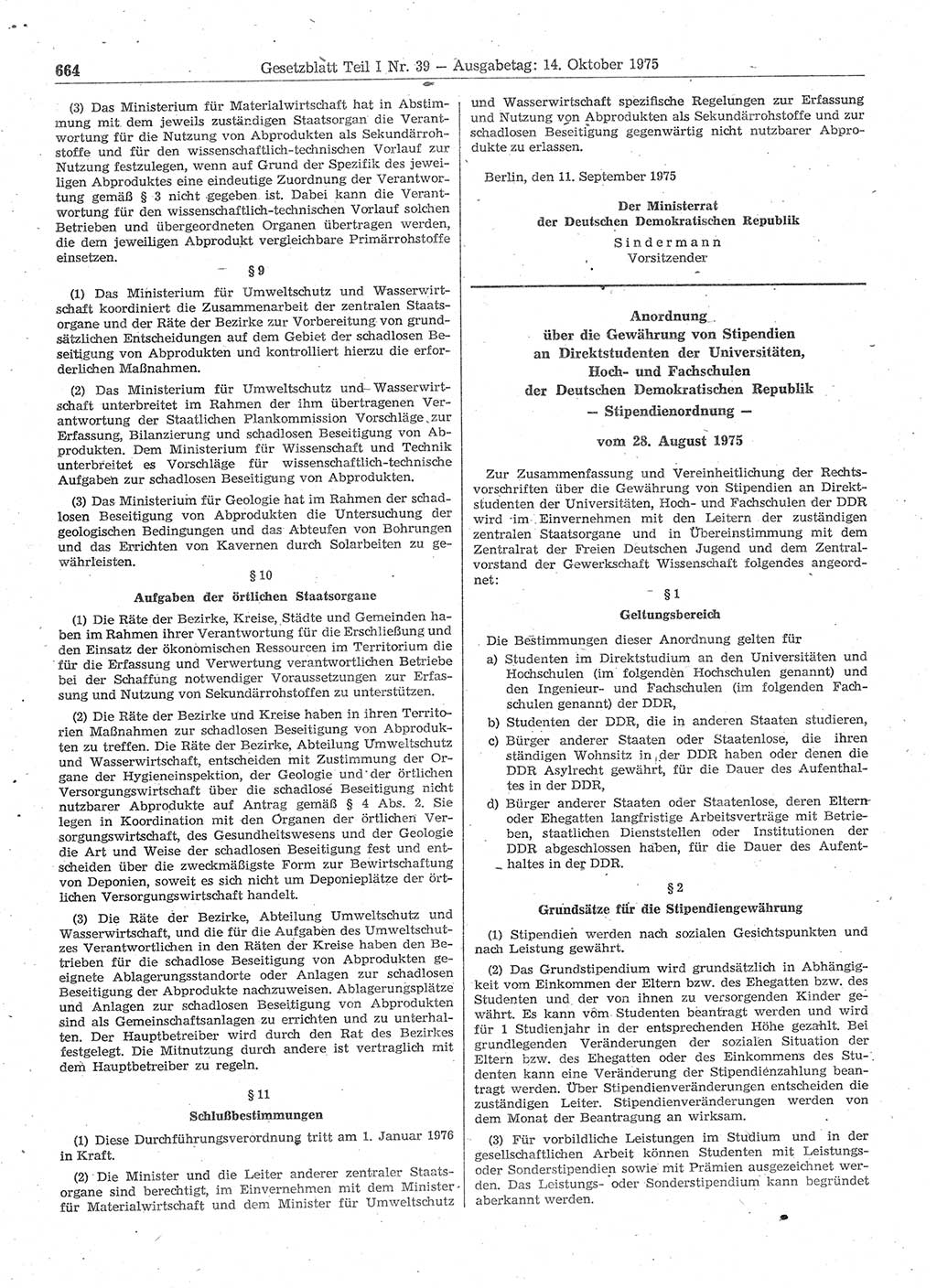 Gesetzblatt (GBl.) der Deutschen Demokratischen Republik (DDR) Teil Ⅰ 1975, Seite 664 (GBl. DDR Ⅰ 1975, S. 664)