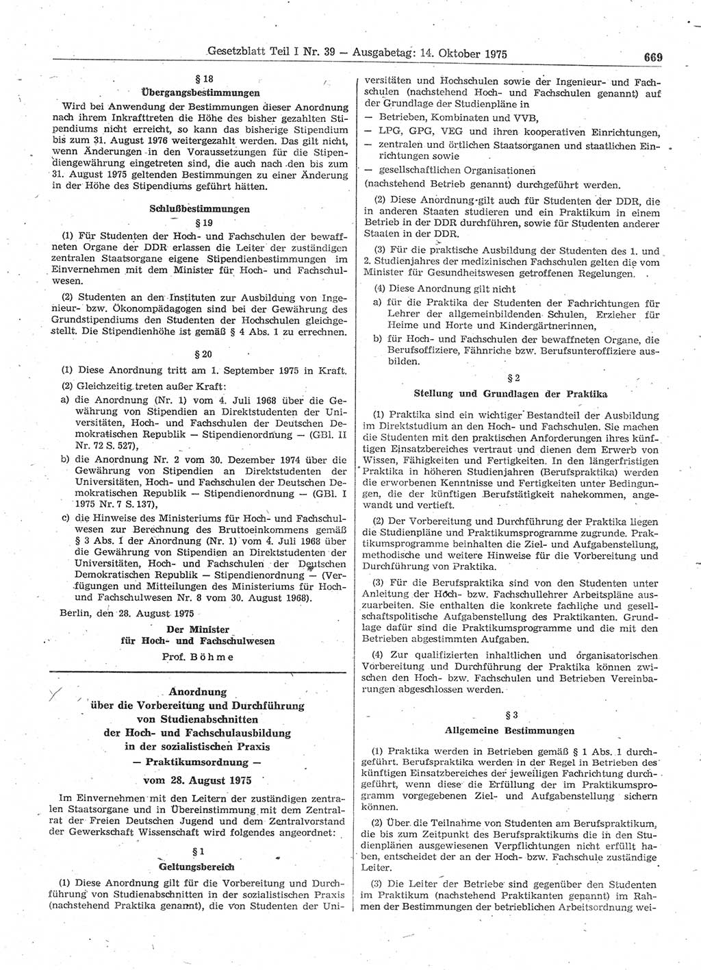 Gesetzblatt (GBl.) der Deutschen Demokratischen Republik (DDR) Teil Ⅰ 1975, Seite 669 (GBl. DDR Ⅰ 1975, S. 669)