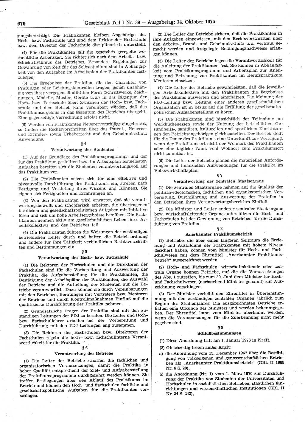 Gesetzblatt (GBl.) der Deutschen Demokratischen Republik (DDR) Teil Ⅰ 1975, Seite 670 (GBl. DDR Ⅰ 1975, S. 670)