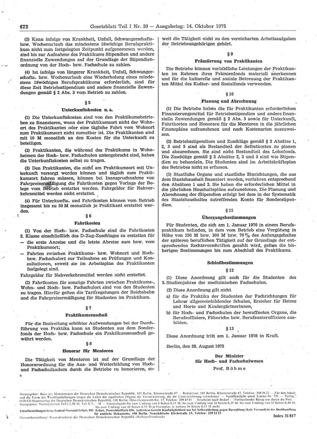 Gesetzblatt (GBl.) der Deutschen Demokratischen Republik (DDR) Teil Ⅰ 1975, Seite 672 (GBl. DDR Ⅰ 1975, S. 672)