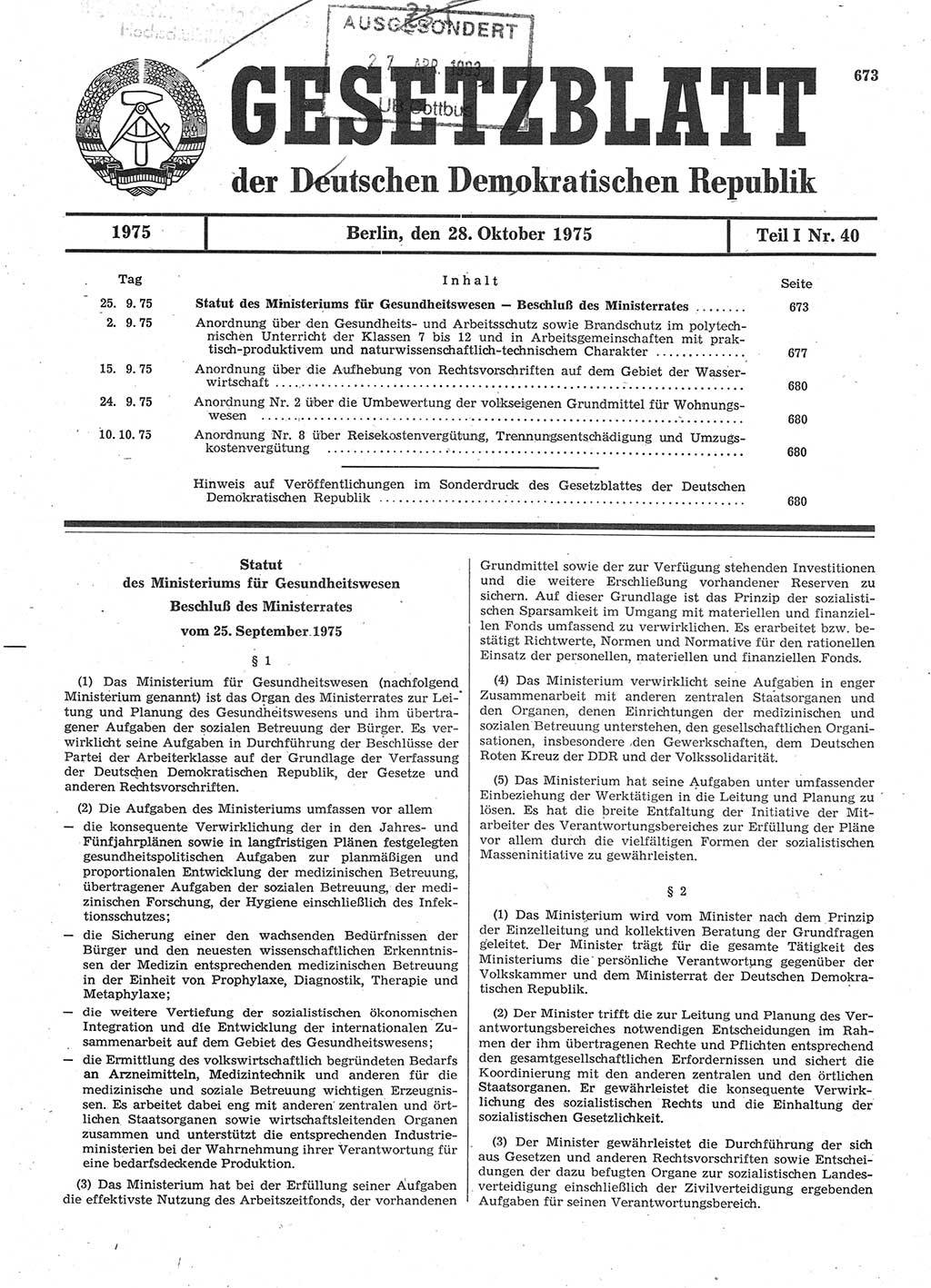 Gesetzblatt (GBl.) der Deutschen Demokratischen Republik (DDR) Teil Ⅰ 1975, Seite 673 (GBl. DDR Ⅰ 1975, S. 673)