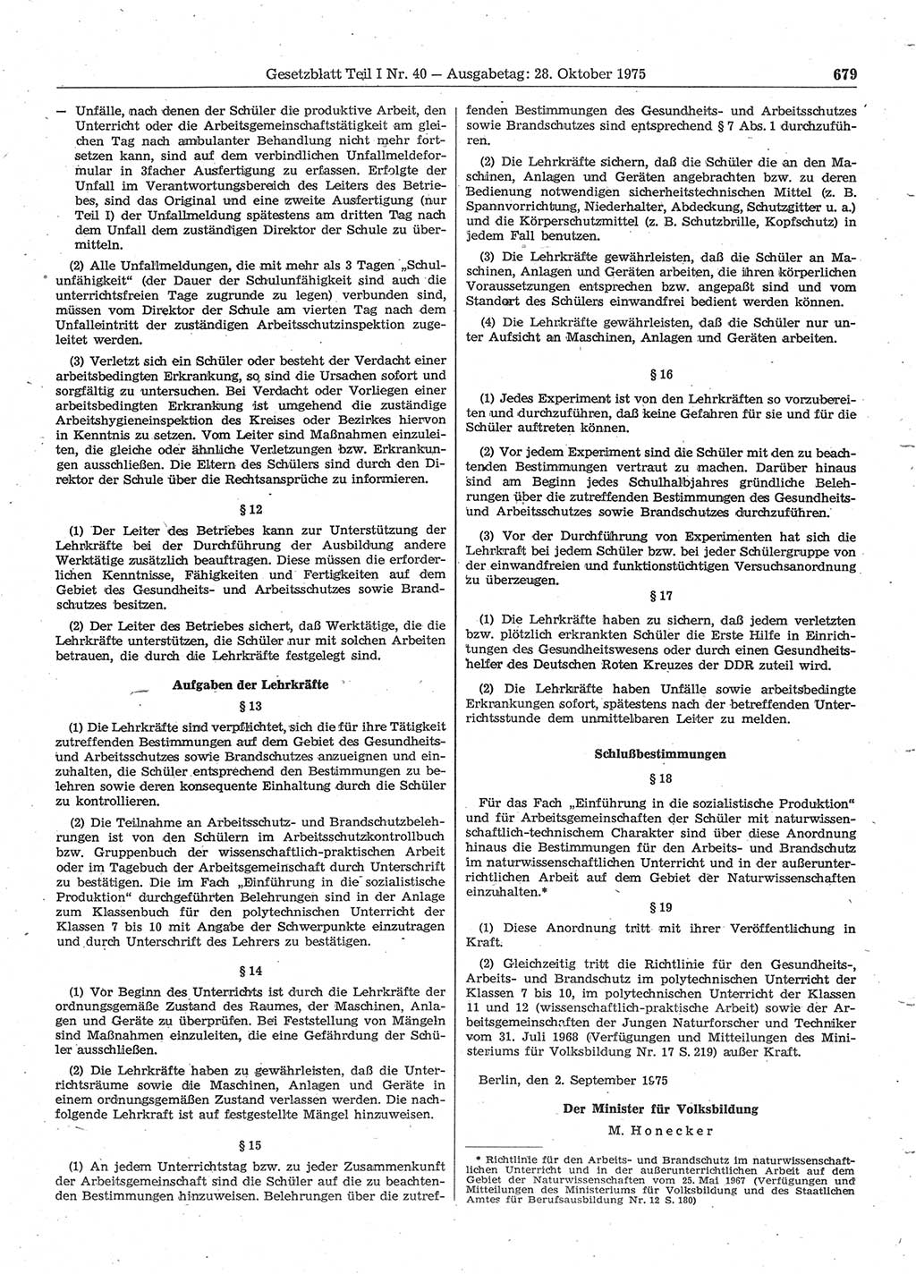 Gesetzblatt (GBl.) der Deutschen Demokratischen Republik (DDR) Teil Ⅰ 1975, Seite 679 (GBl. DDR Ⅰ 1975, S. 679)