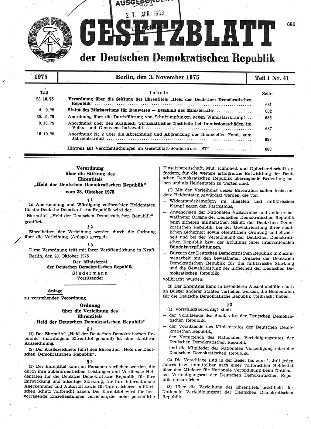 Gesetzblatt (GBl.) der Deutschen Demokratischen Republik (DDR) Teil Ⅰ 1975, Seite 681 (GBl. DDR Ⅰ 1975, S. 681)