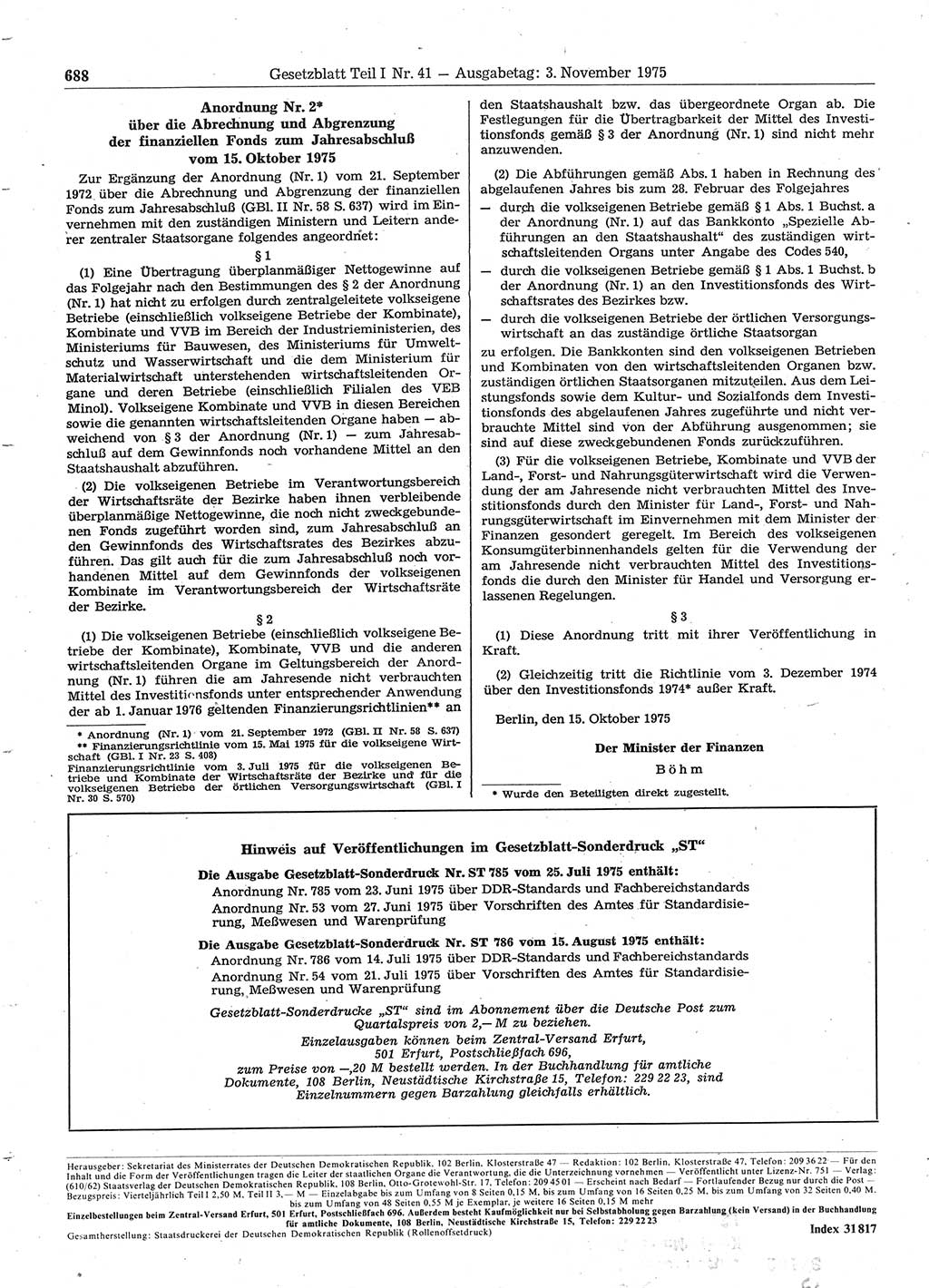 Gesetzblatt (GBl.) der Deutschen Demokratischen Republik (DDR) Teil Ⅰ 1975, Seite 688 (GBl. DDR Ⅰ 1975, S. 688)