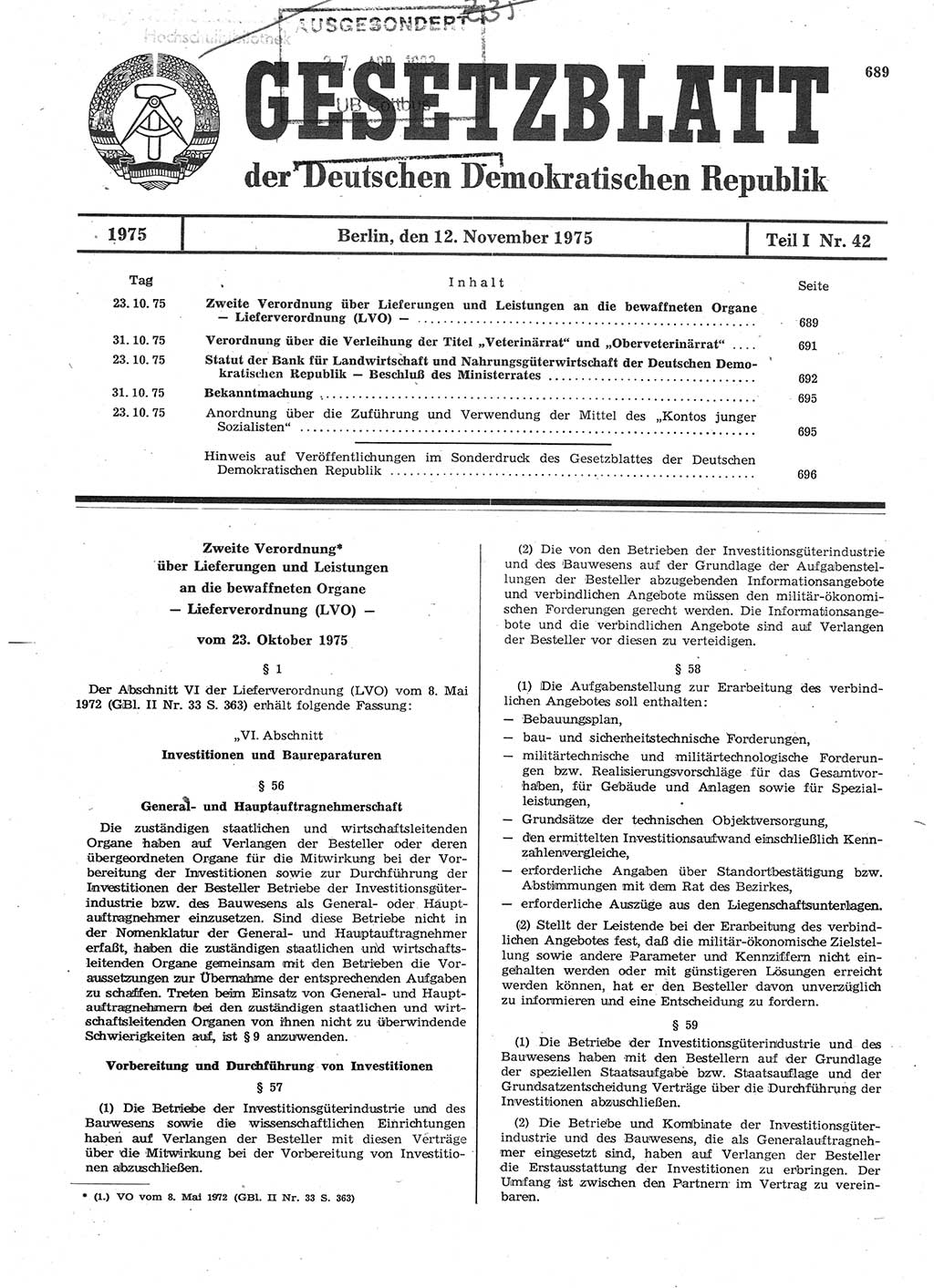 Gesetzblatt (GBl.) der Deutschen Demokratischen Republik (DDR) Teil Ⅰ 1975, Seite 689 (GBl. DDR Ⅰ 1975, S. 689)