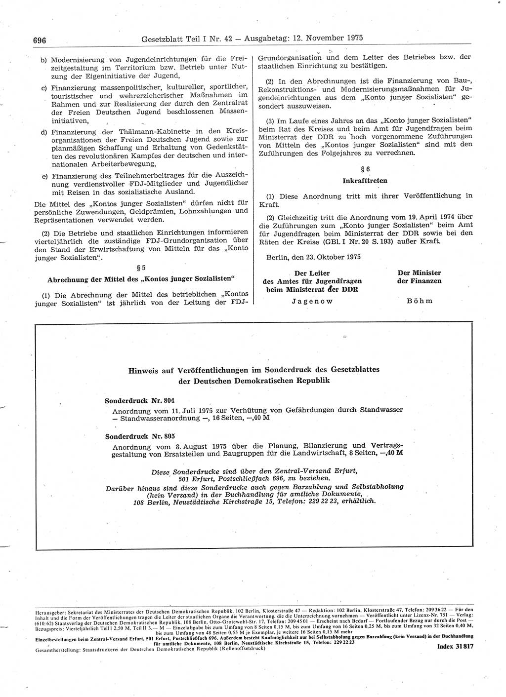 Gesetzblatt (GBl.) der Deutschen Demokratischen Republik (DDR) Teil Ⅰ 1975, Seite 696 (GBl. DDR Ⅰ 1975, S. 696)