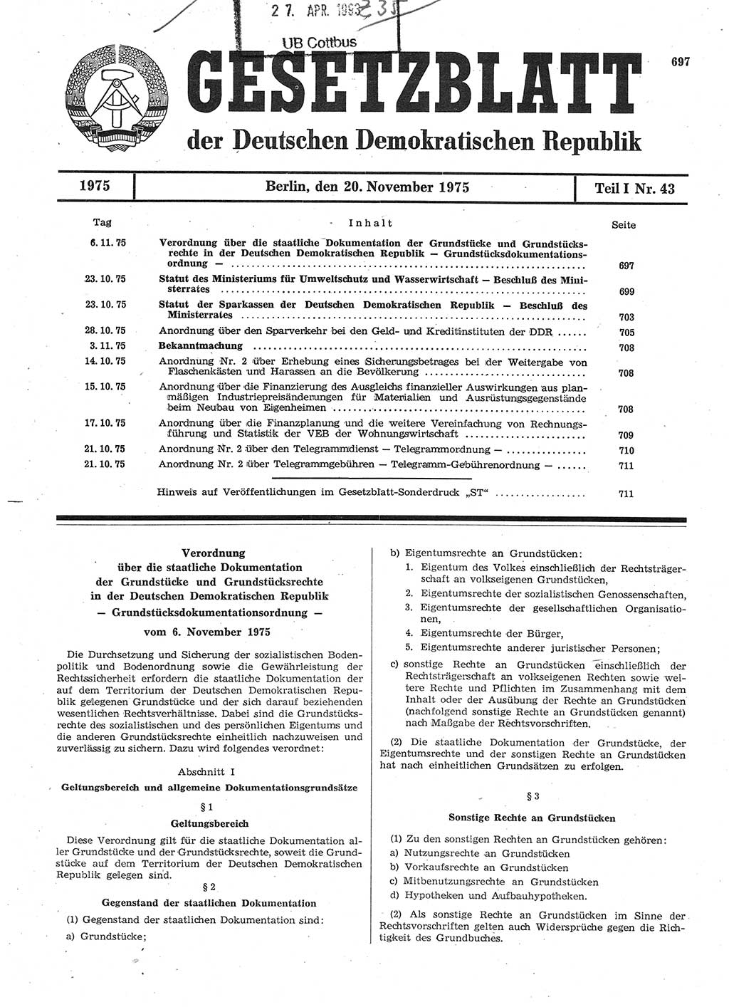 Gesetzblatt (GBl.) der Deutschen Demokratischen Republik (DDR) Teil Ⅰ 1975, Seite 697 (GBl. DDR Ⅰ 1975, S. 697)