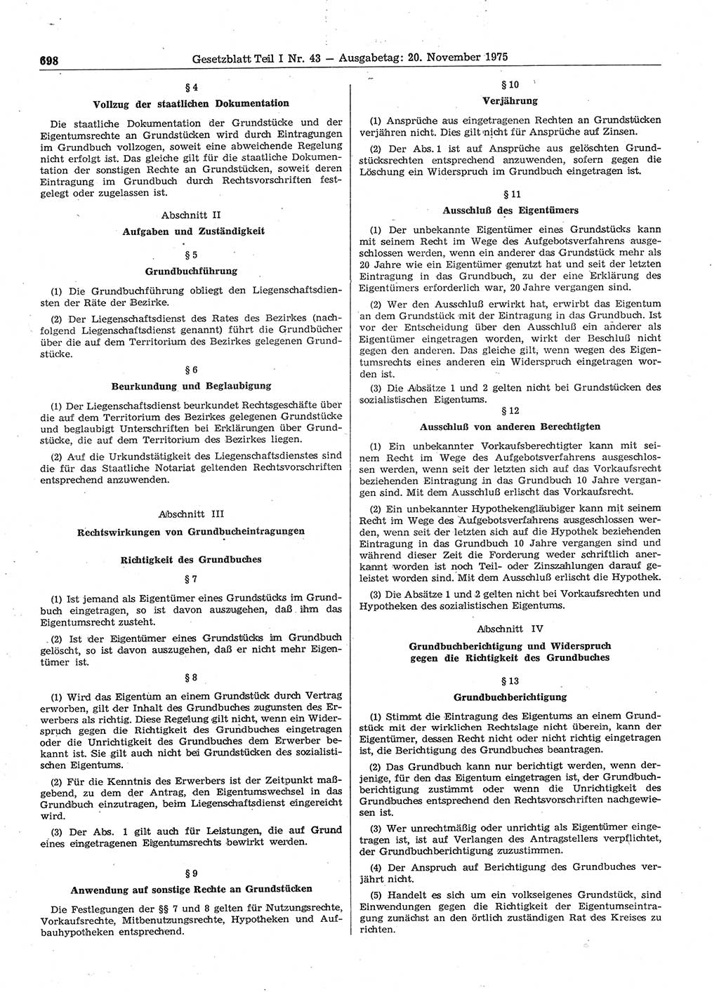 Gesetzblatt (GBl.) der Deutschen Demokratischen Republik (DDR) Teil Ⅰ 1975, Seite 698 (GBl. DDR Ⅰ 1975, S. 698)