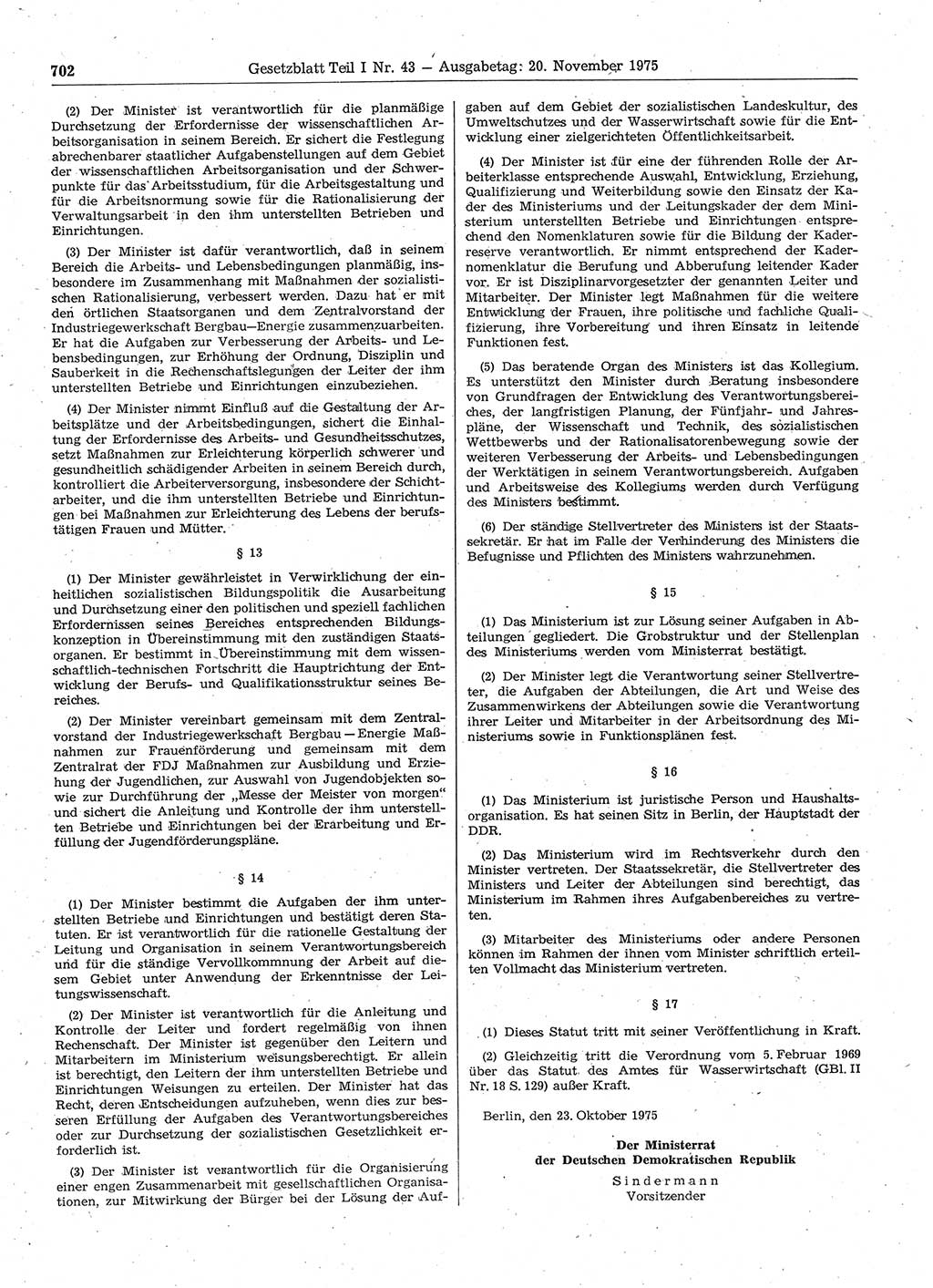 Gesetzblatt (GBl.) der Deutschen Demokratischen Republik (DDR) Teil Ⅰ 1975, Seite 702 (GBl. DDR Ⅰ 1975, S. 702)