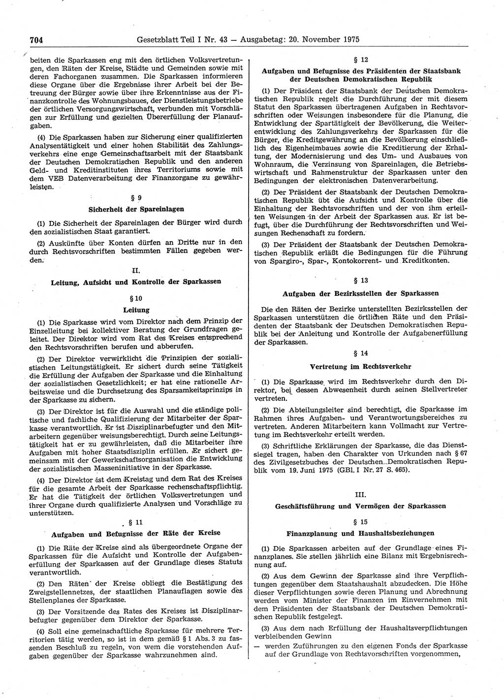 Gesetzblatt (GBl.) der Deutschen Demokratischen Republik (DDR) Teil Ⅰ 1975, Seite 704 (GBl. DDR Ⅰ 1975, S. 704)