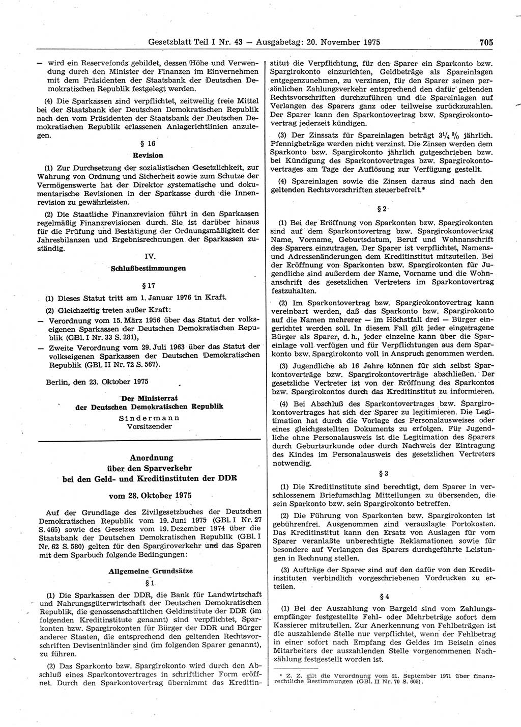 Gesetzblatt (GBl.) der Deutschen Demokratischen Republik (DDR) Teil Ⅰ 1975, Seite 705 (GBl. DDR Ⅰ 1975, S. 705)