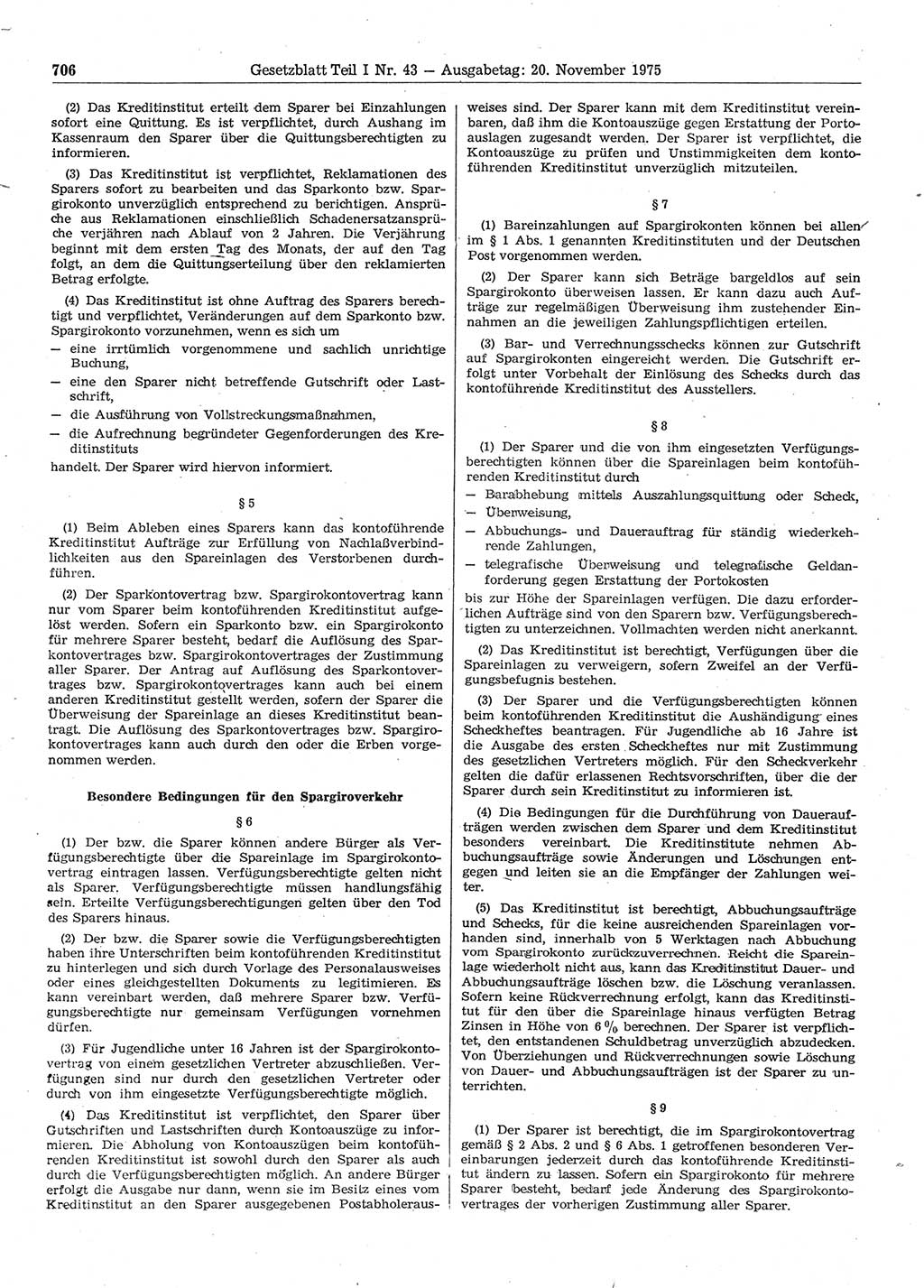 Gesetzblatt (GBl.) der Deutschen Demokratischen Republik (DDR) Teil Ⅰ 1975, Seite 706 (GBl. DDR Ⅰ 1975, S. 706)