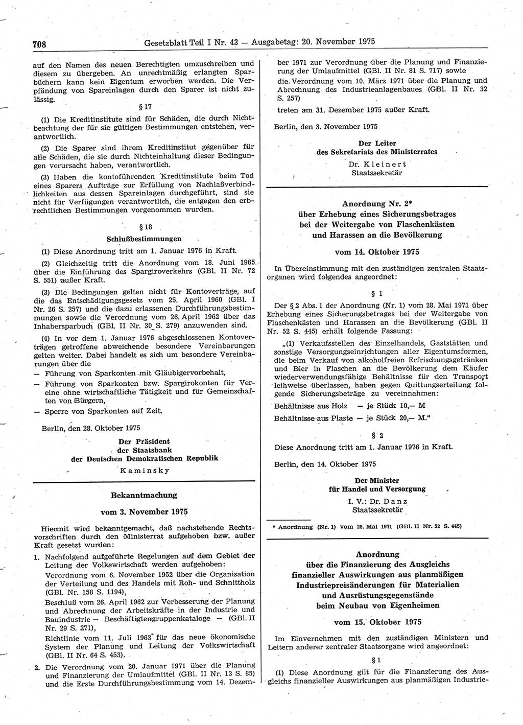 Gesetzblatt (GBl.) der Deutschen Demokratischen Republik (DDR) Teil Ⅰ 1975, Seite 708 (GBl. DDR Ⅰ 1975, S. 708)