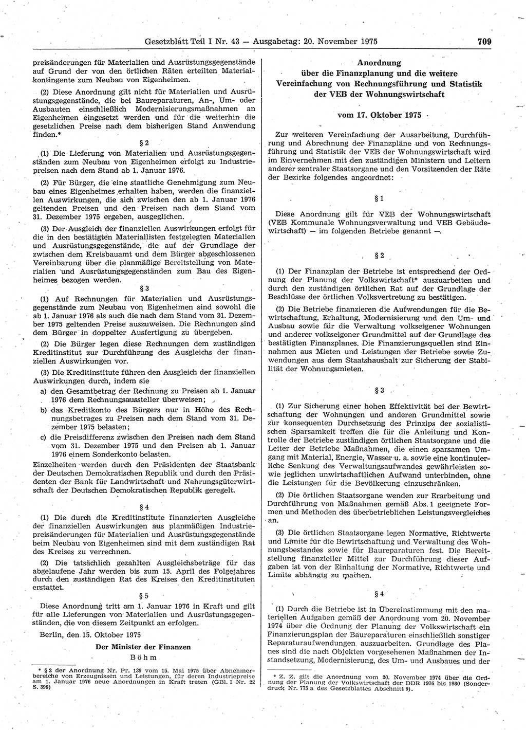 Gesetzblatt (GBl.) der Deutschen Demokratischen Republik (DDR) Teil Ⅰ 1975, Seite 709 (GBl. DDR Ⅰ 1975, S. 709)