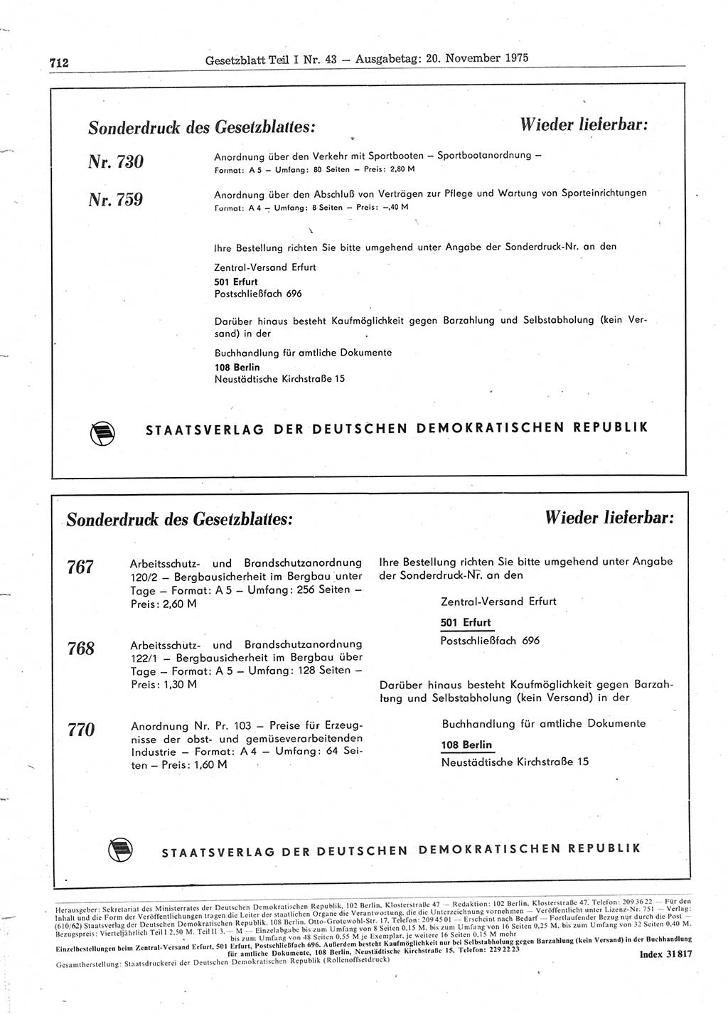 Gesetzblatt (GBl.) der Deutschen Demokratischen Republik (DDR) Teil Ⅰ 1975, Seite 712 (GBl. DDR Ⅰ 1975, S. 712)