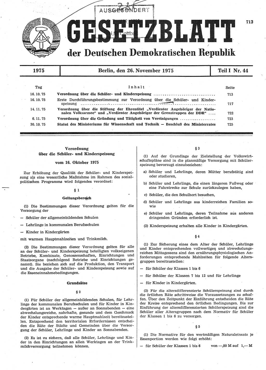 Gesetzblatt (GBl.) der Deutschen Demokratischen Republik (DDR) Teil Ⅰ 1975, Seite 713 (GBl. DDR Ⅰ 1975, S. 713)