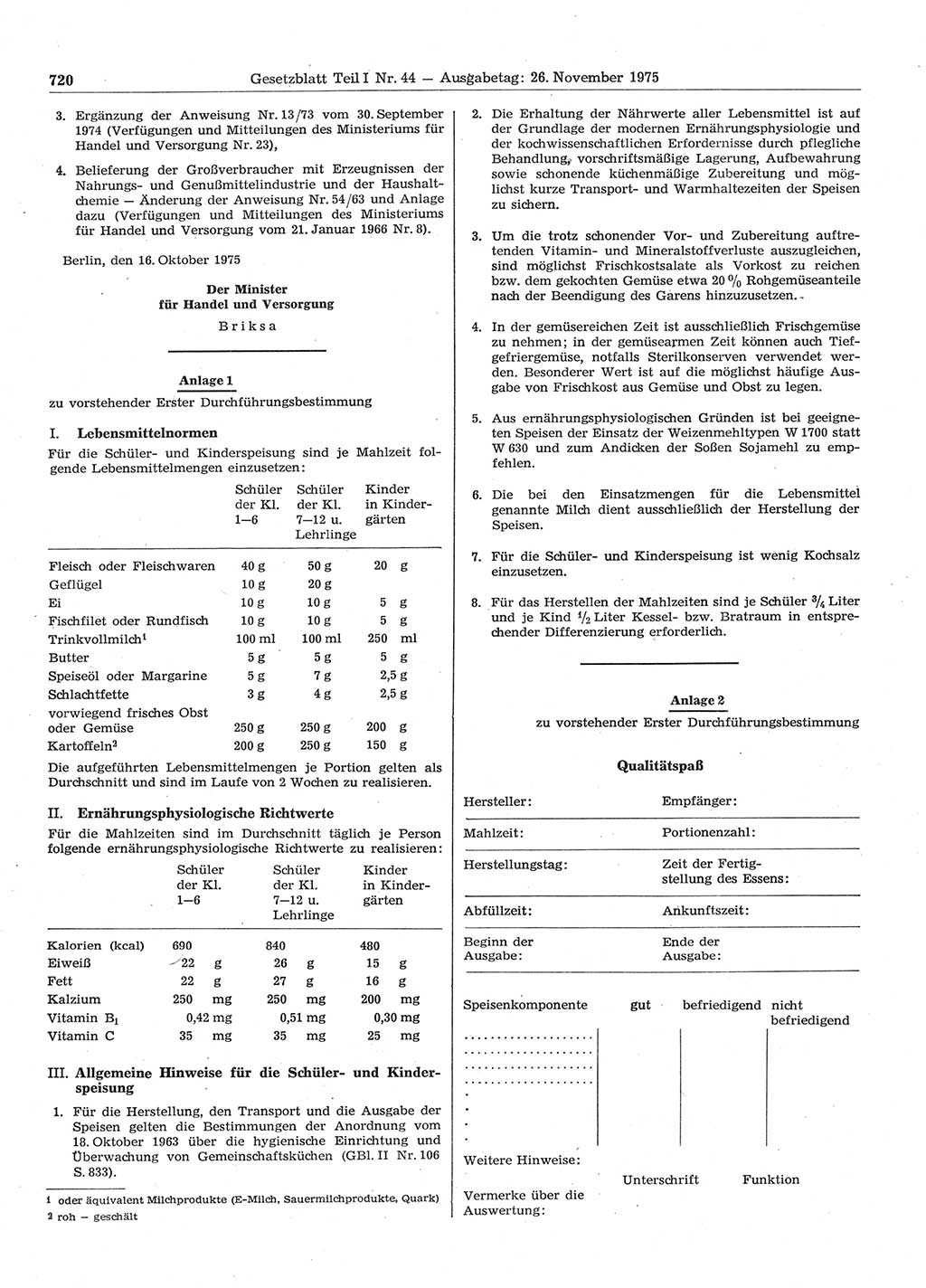 Gesetzblatt (GBl.) der Deutschen Demokratischen Republik (DDR) Teil Ⅰ 1975, Seite 720 (GBl. DDR Ⅰ 1975, S. 720)