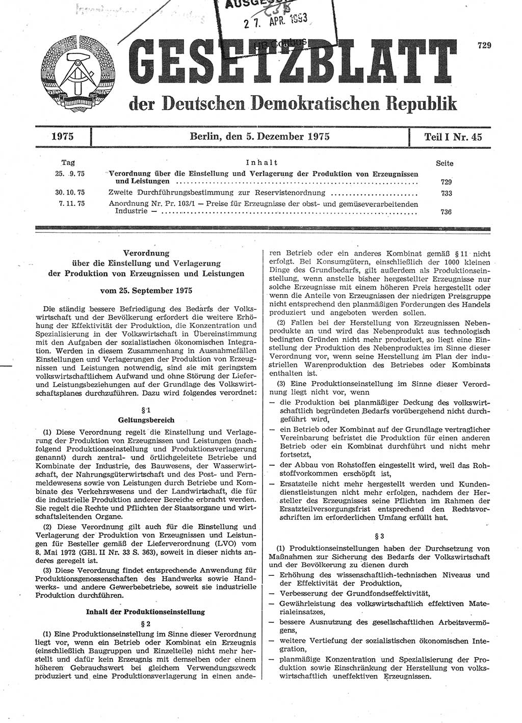 Gesetzblatt (GBl.) der Deutschen Demokratischen Republik (DDR) Teil Ⅰ 1975, Seite 729 (GBl. DDR Ⅰ 1975, S. 729)