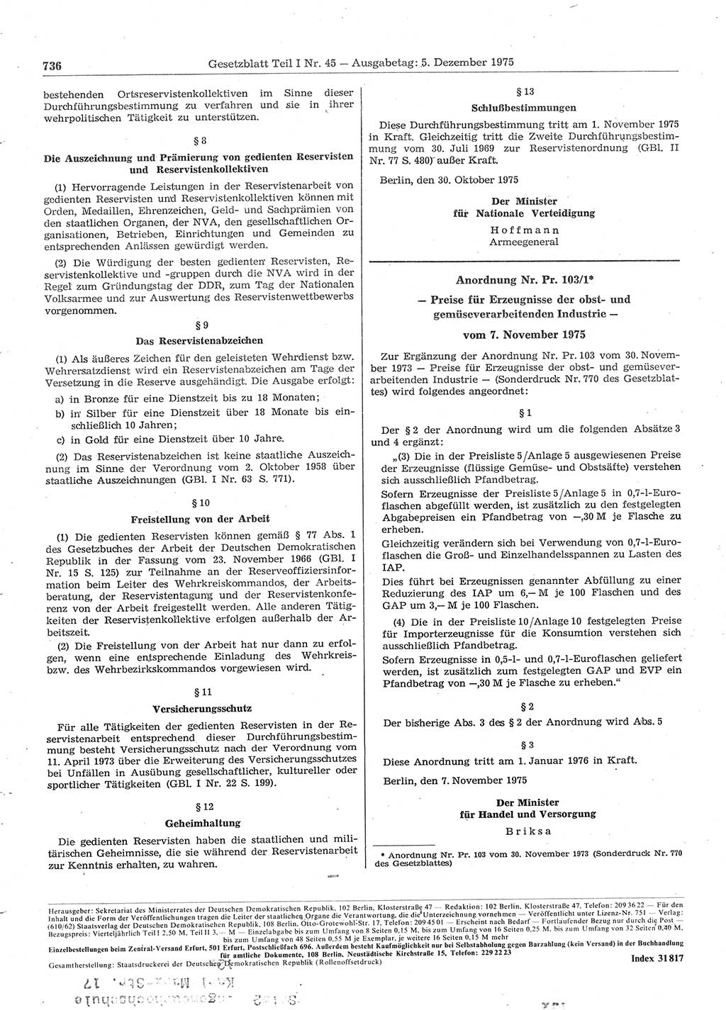 Gesetzblatt (GBl.) der Deutschen Demokratischen Republik (DDR) Teil Ⅰ 1975, Seite 736 (GBl. DDR Ⅰ 1975, S. 736)