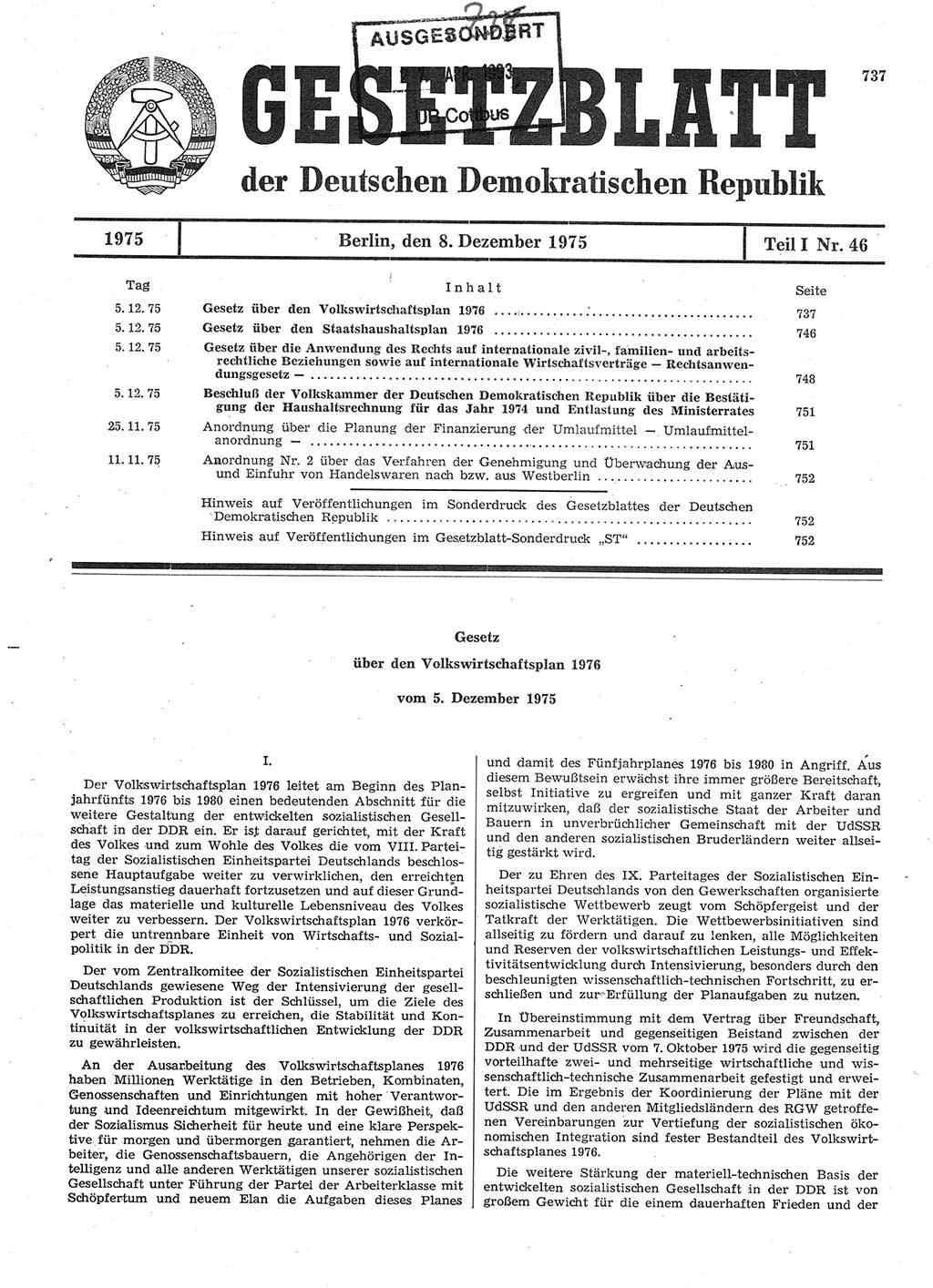 Gesetzblatt (GBl.) der Deutschen Demokratischen Republik (DDR) Teil Ⅰ 1975, Seite 737 (GBl. DDR Ⅰ 1975, S. 737)