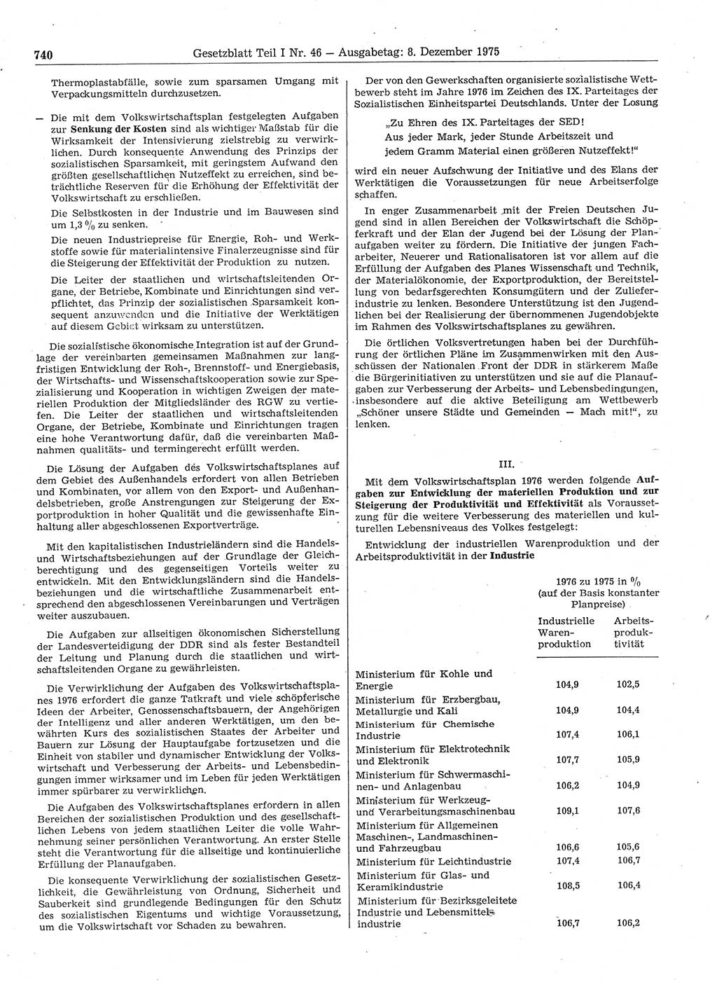 Gesetzblatt (GBl.) der Deutschen Demokratischen Republik (DDR) Teil Ⅰ 1975, Seite 740 (GBl. DDR Ⅰ 1975, S. 740)