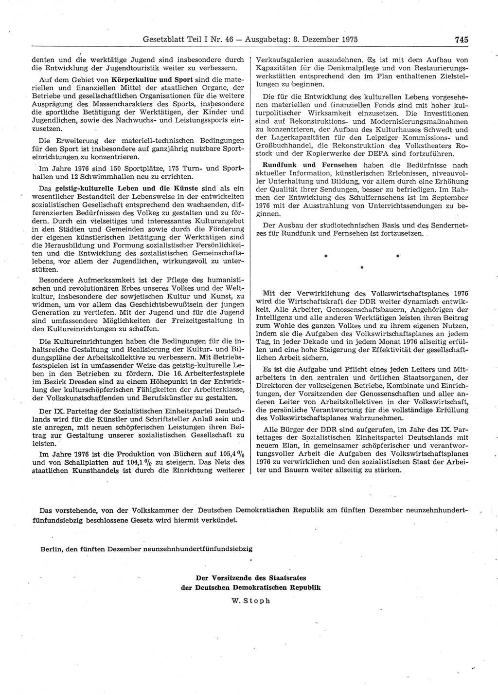 Gesetzblatt (GBl.) der Deutschen Demokratischen Republik (DDR) Teil Ⅰ 1975, Seite 745 (GBl. DDR Ⅰ 1975, S. 745)