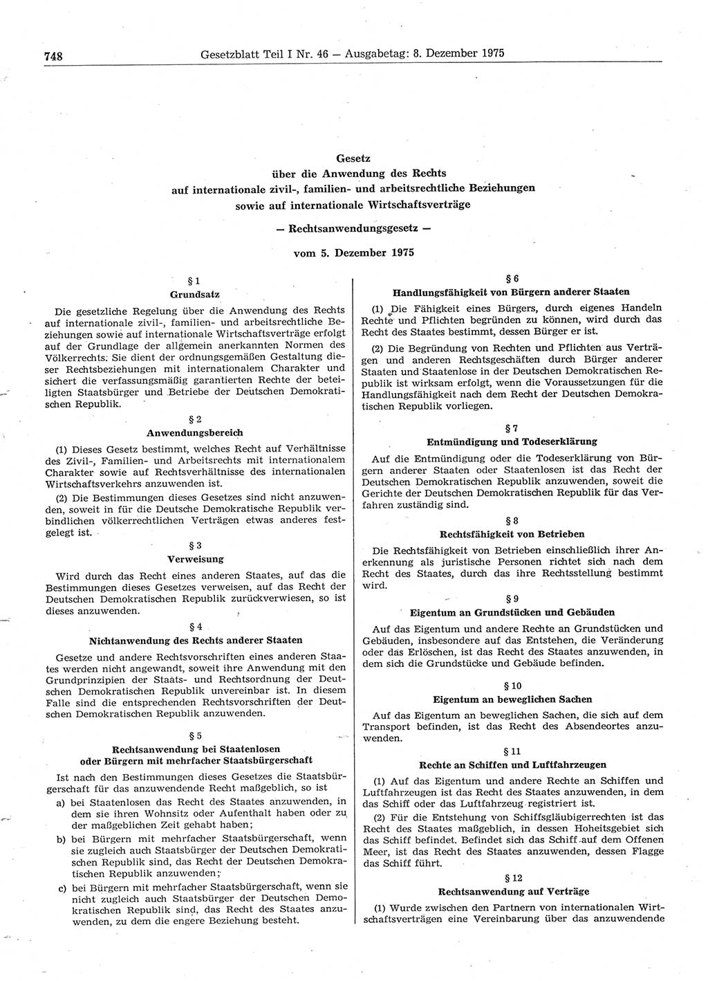 Gesetzblatt (GBl.) der Deutschen Demokratischen Republik (DDR) Teil Ⅰ 1975, Seite 748 (GBl. DDR Ⅰ 1975, S. 748)