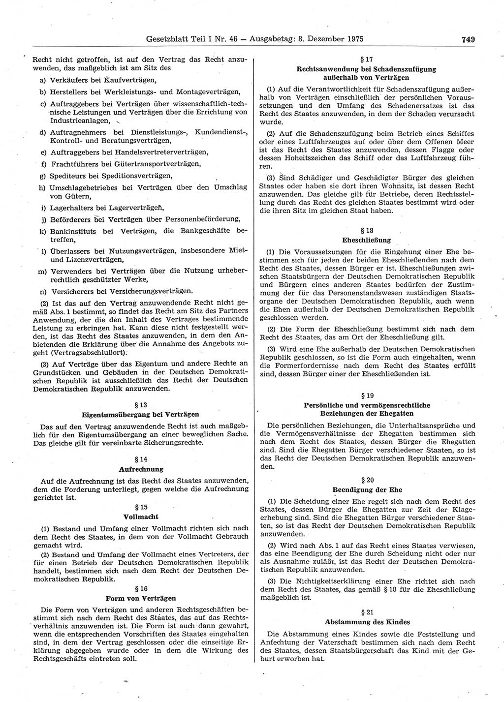 Gesetzblatt (GBl.) der Deutschen Demokratischen Republik (DDR) Teil Ⅰ 1975, Seite 749 (GBl. DDR Ⅰ 1975, S. 749)