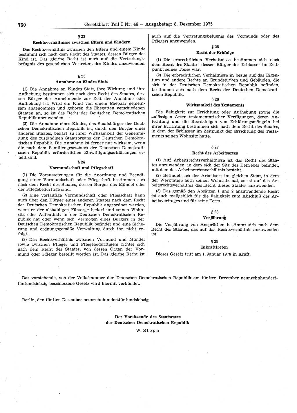 Gesetzblatt (GBl.) der Deutschen Demokratischen Republik (DDR) Teil Ⅰ 1975, Seite 750 (GBl. DDR Ⅰ 1975, S. 750)
