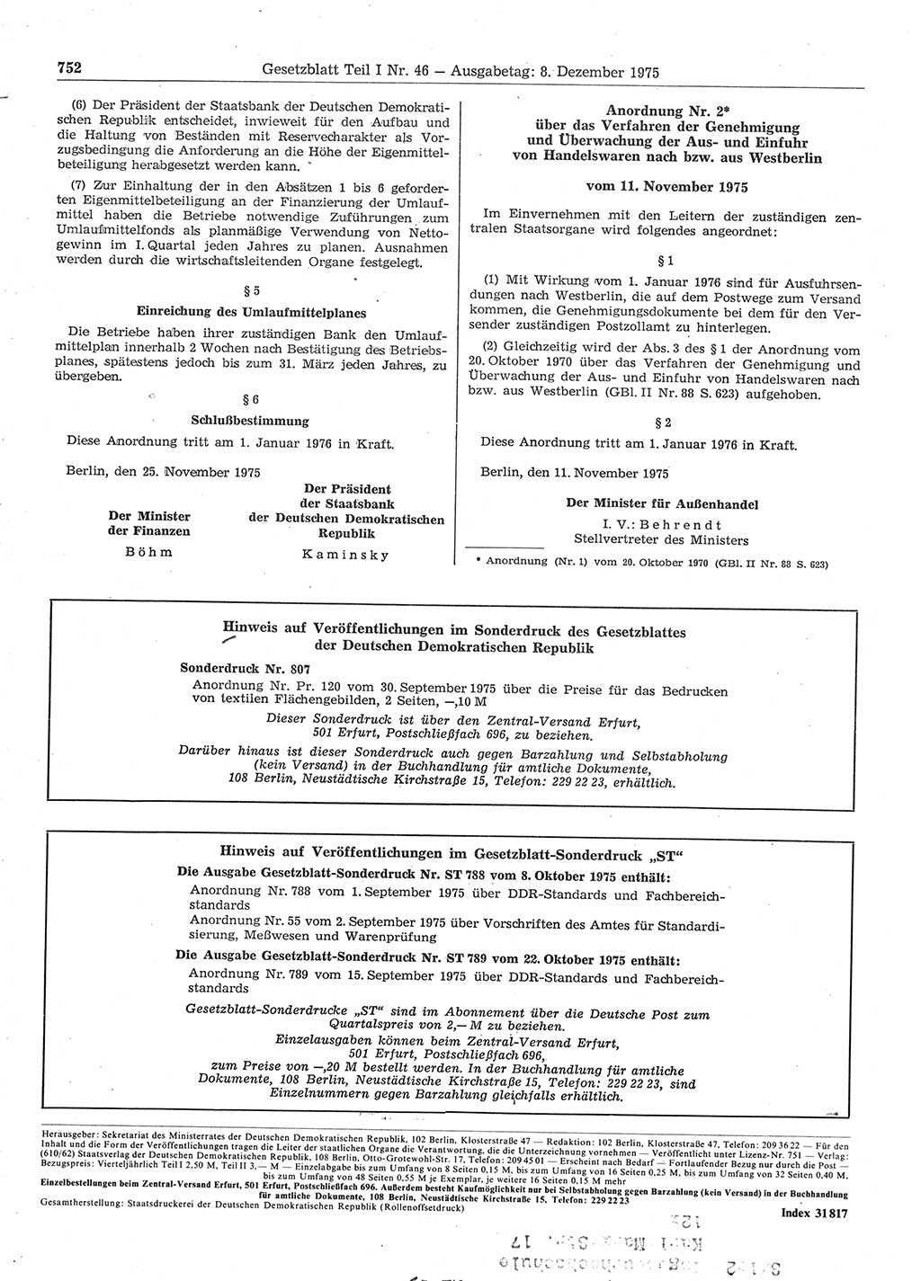 Gesetzblatt (GBl.) der Deutschen Demokratischen Republik (DDR) Teil Ⅰ 1975, Seite 752 (GBl. DDR Ⅰ 1975, S. 752)