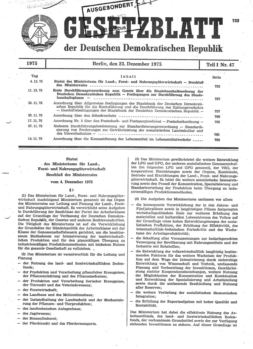 Gesetzblatt (GBl.) der Deutschen Demokratischen Republik (DDR) Teil Ⅰ 1975, Seite 753 (GBl. DDR Ⅰ 1975, S. 753)