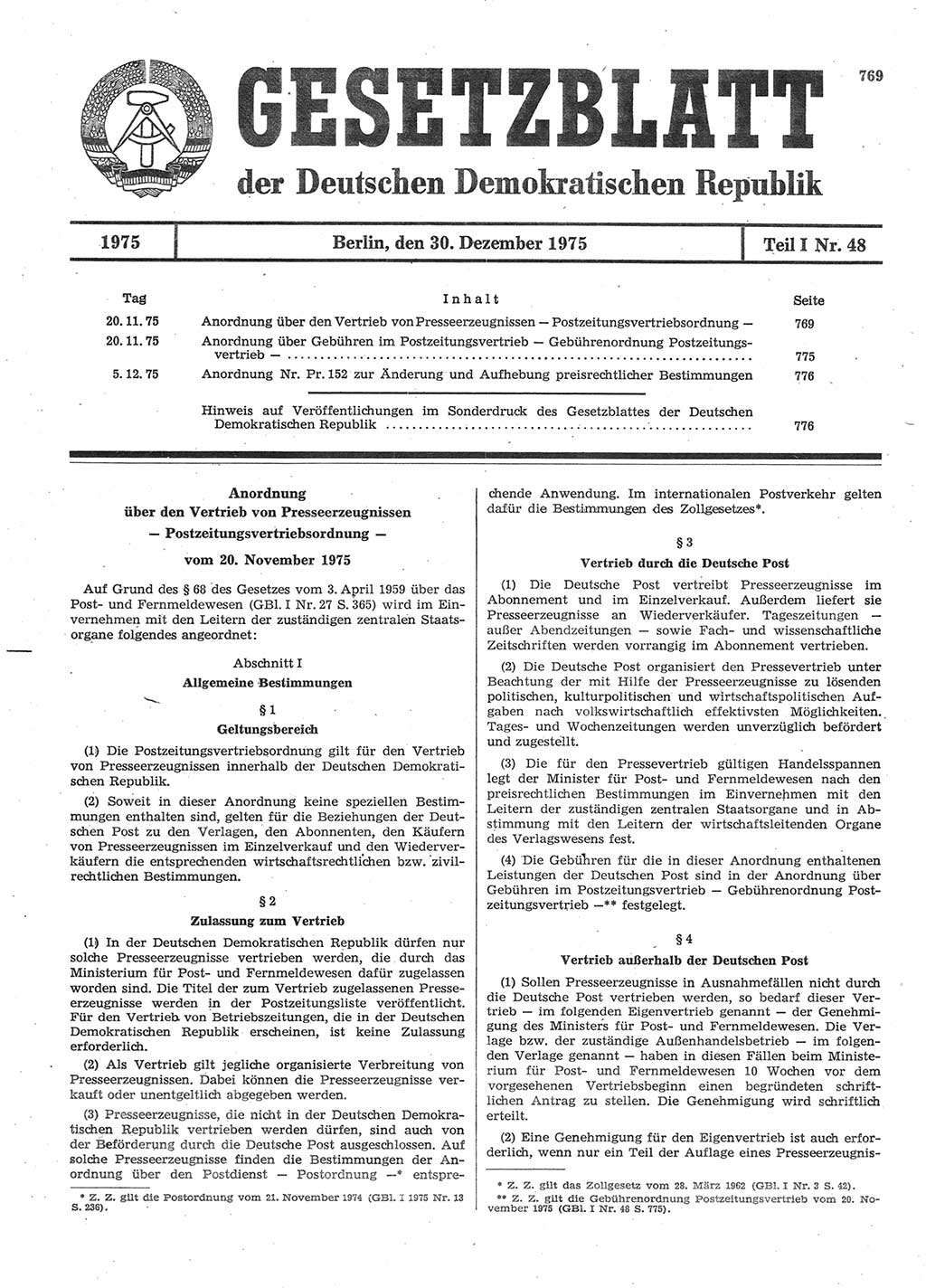 Gesetzblatt (GBl.) der Deutschen Demokratischen Republik (DDR) Teil Ⅰ 1975, Seite 769 (GBl. DDR Ⅰ 1975, S. 769)
